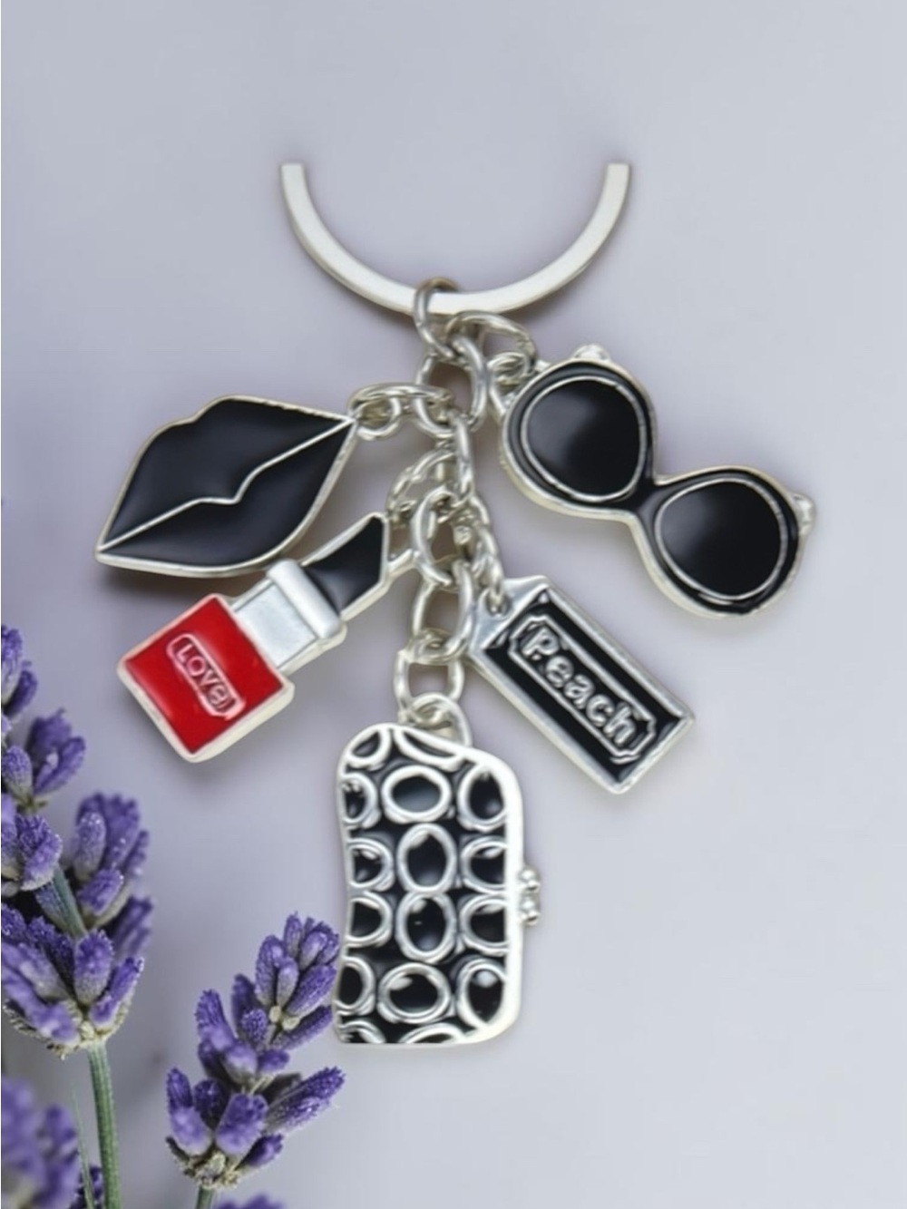 Fashion Charm Keychain with Black Lip, Sunglasses & Red Lipstick Charms